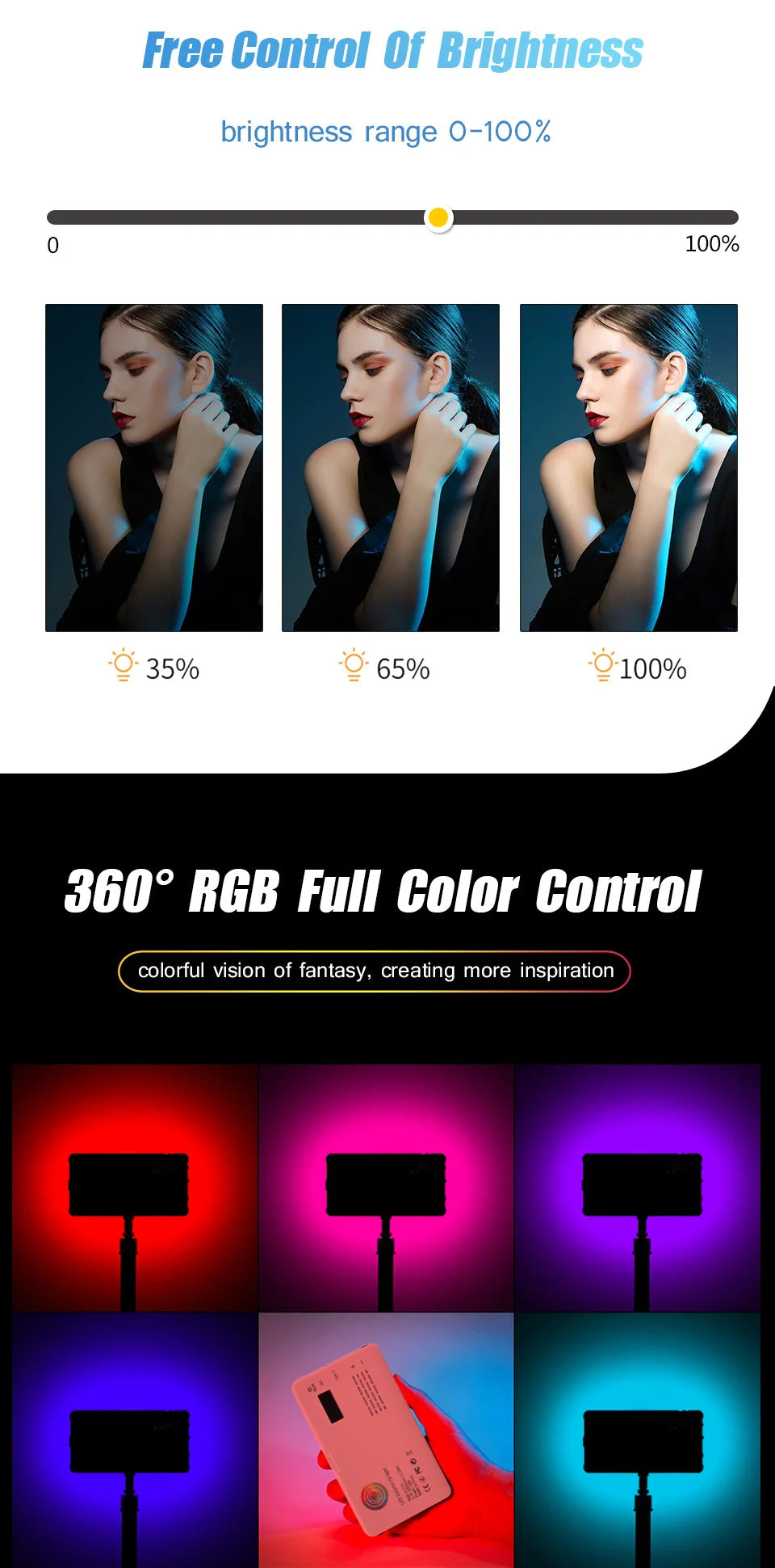 RGB LED Camera Light Full Color Output Video Lamp Kit Dimmable 2500K-8500K Bi-Color Panel Light CRI 95+