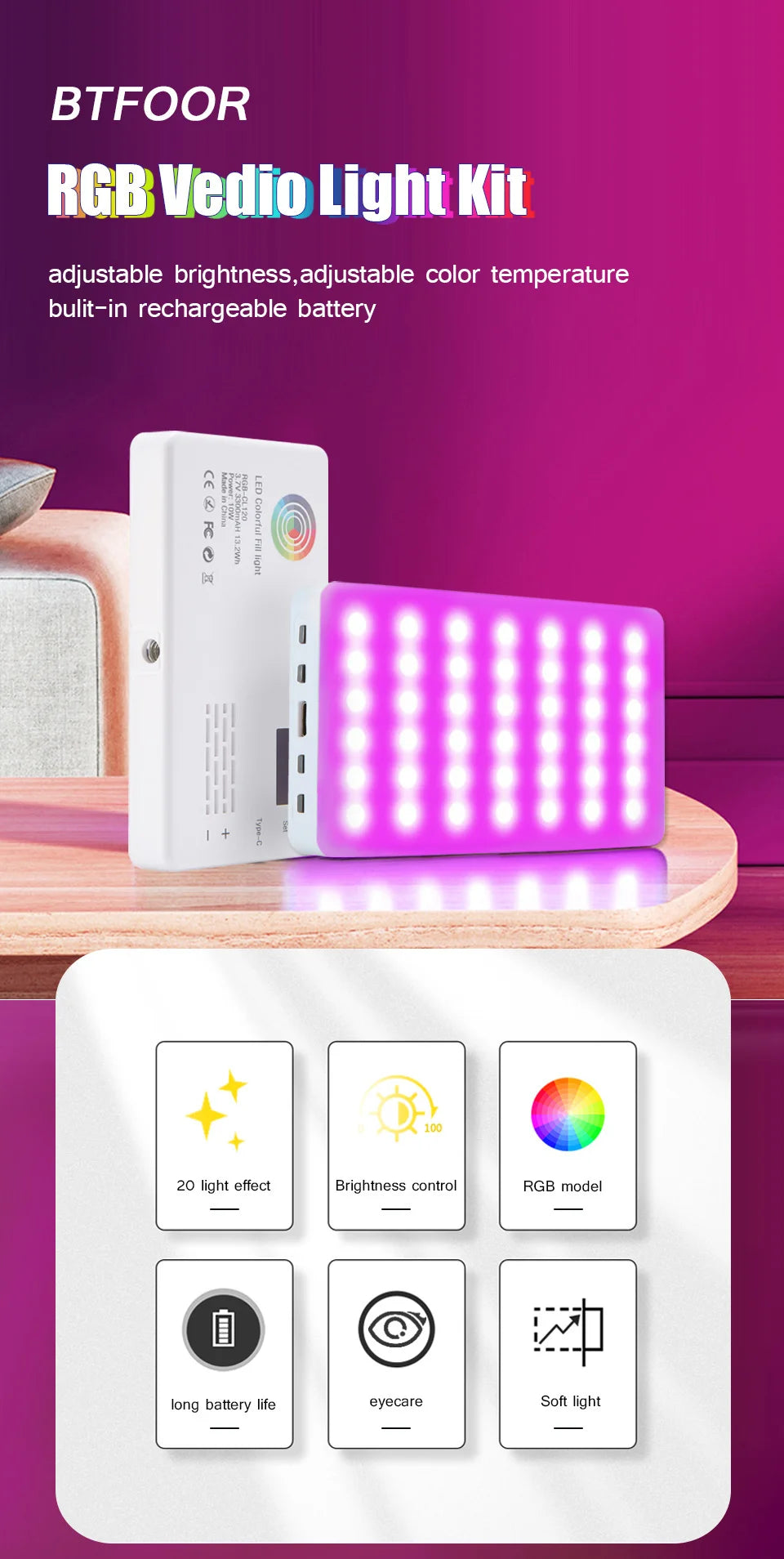 RGB LED Camera Light Full Color Output Video Lamp Kit Dimmable 2500K-8500K Bi-Color Panel Light CRI 95+